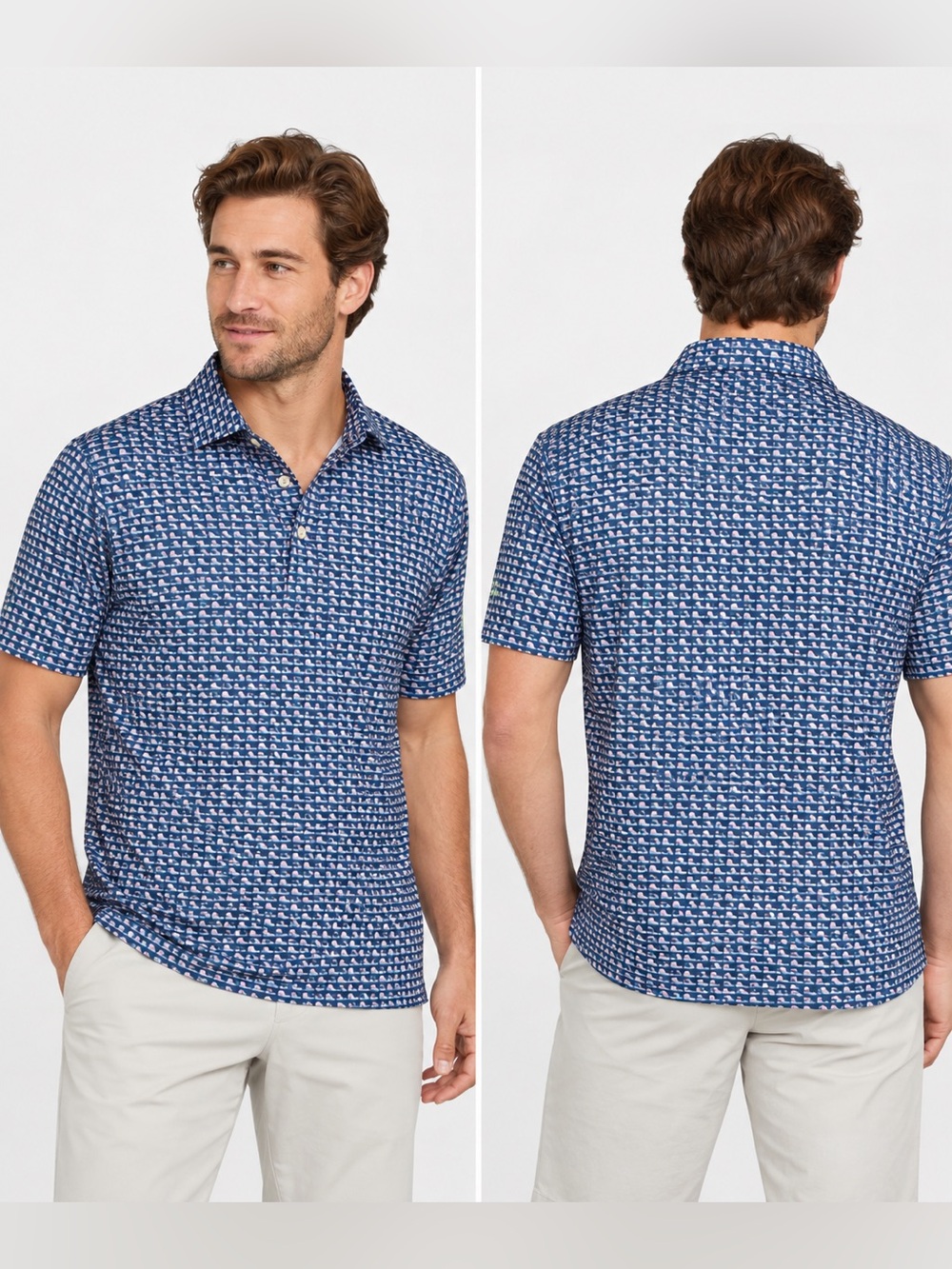 Donald Ross Navy & White Micro-Print Polo (islands and waves) NWT